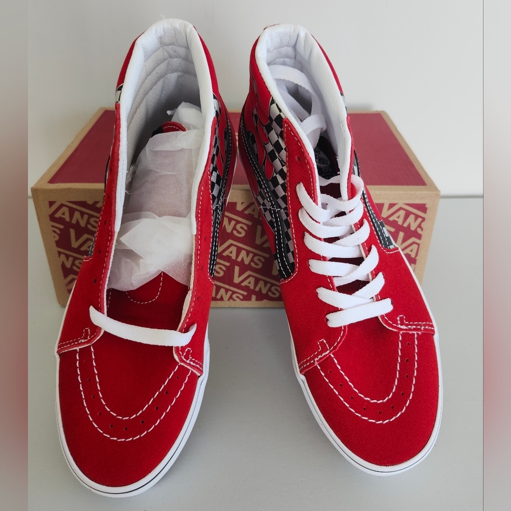 Vans SK8-HI Red Checkerboard Flame High Top Sneakers Youth Size 5.5 Women's 7 - Picture 2 of 13